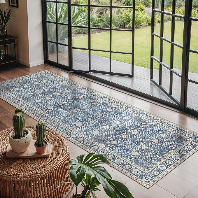 Bavni 2x6 Rug Runners for Hallways, Washable Runner Rug Non Slip,Vintage Floral Print Style Rugs for Bedroom-Lightweight Low Pile Carpet for Hallways Bathroom, Lake Blue