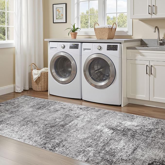 DMOYEST 3x10 Washable Runner Rug for Hallway: Soft Neutral Modern Abstract Low Pile Rug Indoor - Carpet for Bedroom Dining Room Kitchen Entryway - Grey