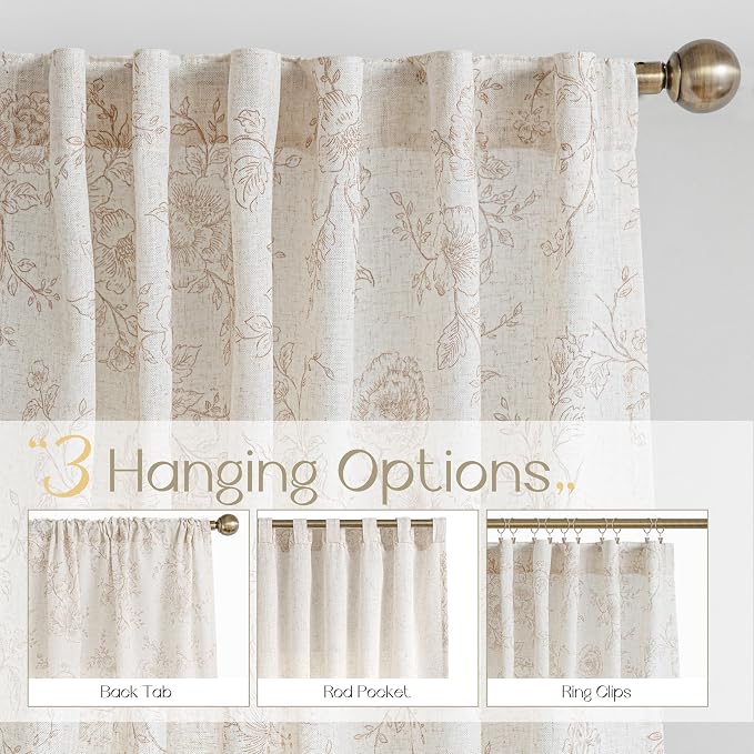 Brown Floral Curtains 102 inch Length Back Tab Farmhouser Living Room Light Filtering Curtains Brown Pattern Print on Cream White Linen Curtain Minimalist Aesthetic Sketch Style Vintage Room Decor