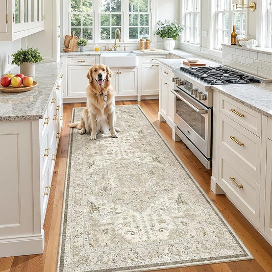 Madane Hallway Runner 3x8, Kitchen Rugs Washable Entry Rug, Ivory/Brown | Vintage Non Slip Entryway Indoor Area Rugs, Soft Low-Pile Farmhouse Wide Carpet Runners for Bathroom Living Room Bedroom