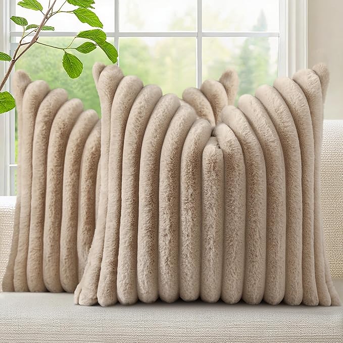 decorUhome Fall Cozy Faux Fur Throw Pillow Covers 20x20 Set of 2 Decorative Soft Plush Striped Modern Farmhouse Boho Couch Pillow Cases with Velvet Back for Sofa Bed Living Room, Khaki Brown