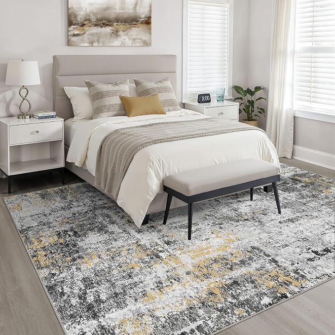 6x9 Area Rugs Living Room: Washable Large Neutral Rug Abstract Soft Modern Stain Resistant Indoor Floor Non-Slip Carpet for Bedroom Nursery Kids Office Playroom Dining Room Under Table- Black Gold