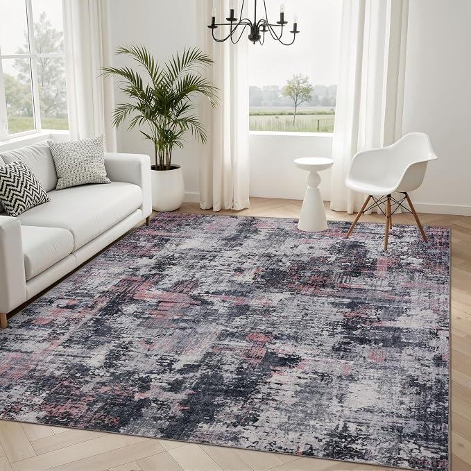 Sasttie 4x6 Soft Area Rug for Living Room, Modern Abstract Washable Carpet for Bedroom, with Non-Slip Backing, Black and Pink