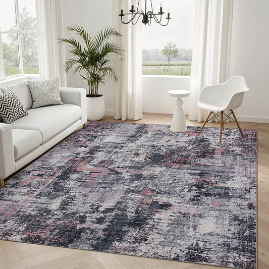 Sasttie 4x6 Soft Area Rug for Living Room, Modern Abstract Washable Carpet for Bedroom, with Non-Slip Backing, Black and Pink