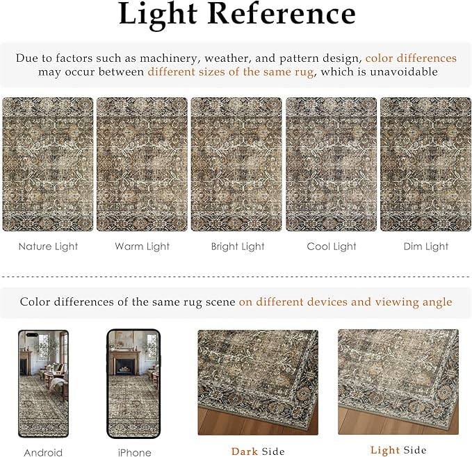 PureCozy Brown Round Area Rug 8ft Washable 8x8 Circle Vintage Low Pile Indoor Large Kitchen Living Room Carpet Non Slip Traditional Distressed Retro Accent Throw Rug Office Dining Room