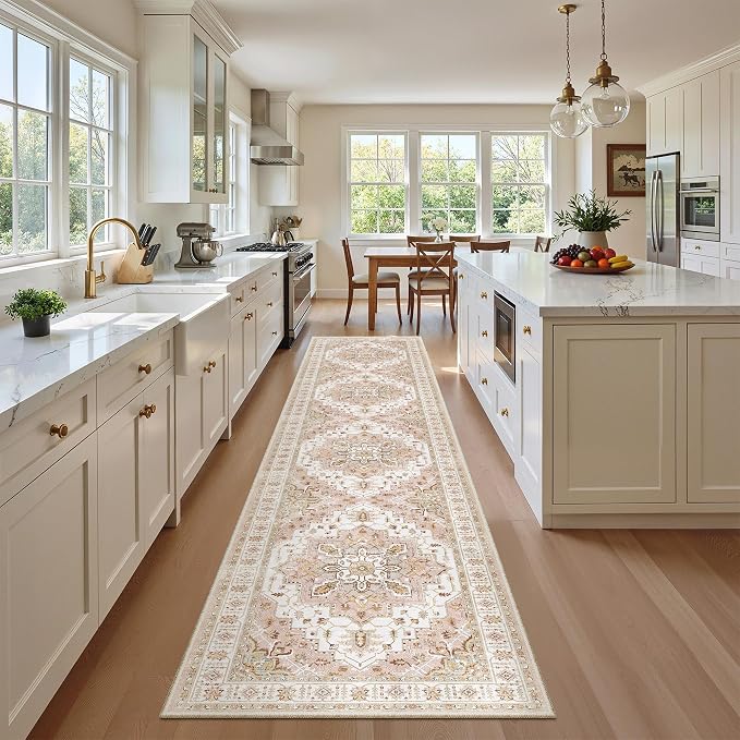 Madane Washable Runner Rugs 2x10 Long for Hallway Kitchen, Pink | Non-Slip Low-Pile 10ft Rug Runners Soft, Stain-Resistant Floor Carpet Mat for Entrance, Living Dining Laundry Room
