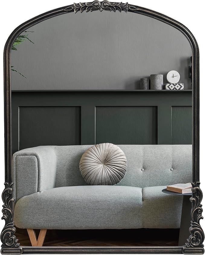 Wylde Iris English Estate Carved Arch Wood Wall Mirror, Mirror for Entryway, Living Room, Bathroom, Antique Black, 28.4x35