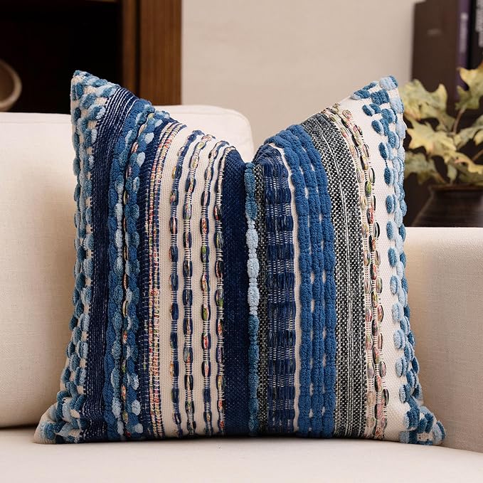 Boho Chenille Tufted Throw Pillow Covers 18x18 Inch Set of 2 Farmhouse Blue Woven Striped Decorative Pillowcases for Couch Sofa Bed