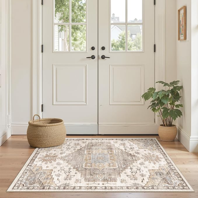 2x3 Entryway Rug Washable Area Rug 2x3, Small Non-Slip Vintage Door Mat, Low Pile Floor Carpet for Bedroom Kitchen Entry(2'x 3',Brown)