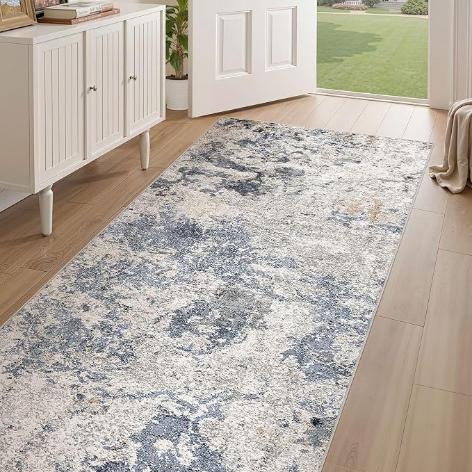 Hallway Washable Runner Rug: 3x10 Abstract Modern Soft Stain Resistant Non-Slip Backing Runner for for Entryway Kitchen Laundry - Blue Brown