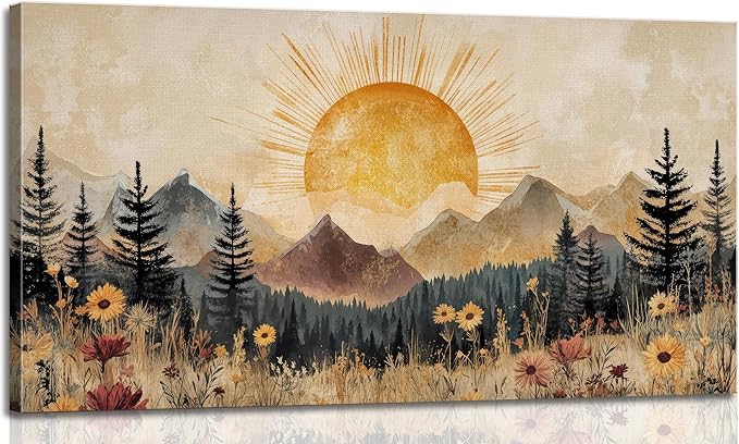 ZAWUDVC Large Boho Mountain Sun Wall Art, Vintage Nature Landscape Canvas Print Poster, Wildflower Forest Sunrise and Sunset Wall Decor for Living Room Bedroom, Rustic Home Decoration,