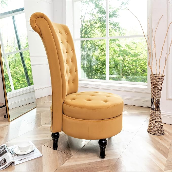 Container Furniture Direct Royal High-Back Velvet Accent Chair for Vanity with Storage and Luxurious Upholstery, Retro Design and Versatile Usage for Livingroom, Bedroom, Lounge and Office, Yellow