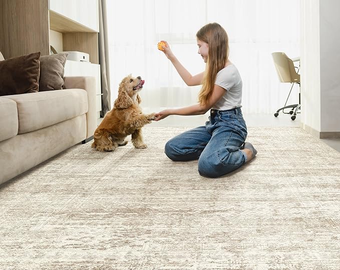 UERMEI 5x7 Washable Area Rug - Neutral Modern Abstract Living Room Rugs, Non-Slip Soft Large Indoor Floor Carpet for Bedroom Home Office & Under Dining Table Decor, Beige/Brown