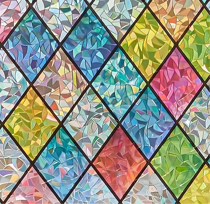 Sunbaby Window Privacy Film Stained Glass Decorative Rainbow Window Cling 3D Static Clings Colorful for Home Decoration, Anti-UV & Heat Control Non-Adhesive (17.5"x118")