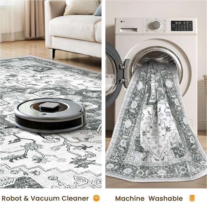 3x5 Entryway Rug Indoor Washable Boho Non-Slip Low Pile Carpet Washable Rugs for Bedroom Bedside, Farmhouse, Office, Dining Room Grey