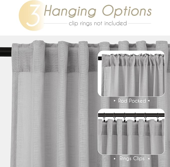 Linen Blend Grey Curtains for Living Room Back Tab Modern Farmhouse Semi Sheer Light Gray Curtains 72 inches Long 2 Panels Set Muted Neutral Cotton Texture Window Curtain for Dining Room Bedroom