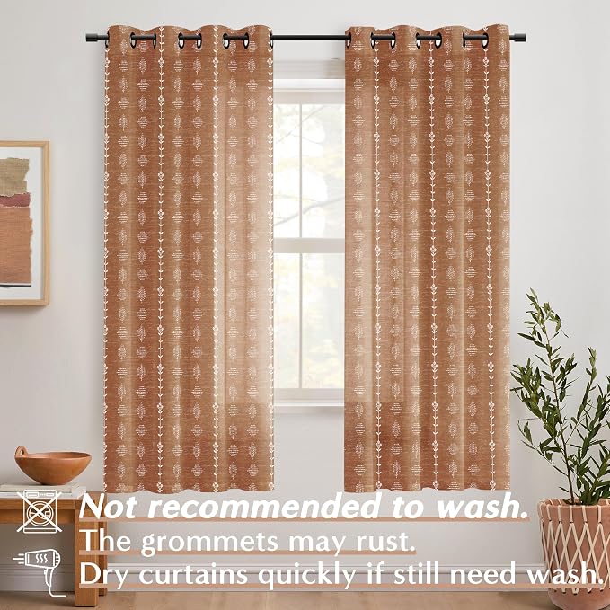 72 Inch Curtains,Sheer Semi Light Filtering Linen Terracotta Rust Boho Grommet Hookless Window Curtain Drapes 72 Inch Length 2 Panels Set