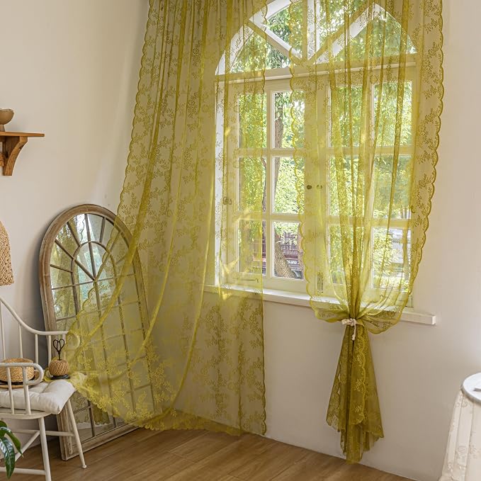 Sutuo Home Sage Green Lace Curtains 84 Inches Long for Bedroom Living Room 2 Panels Set, Boho Sheer Floral Embroidery Ruffled French Vintage Window Treatment Pair Doorway Decor Rod Pocket, W57 x L84