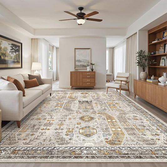 Madane 8x10 Area Rugs for Living Room, Non-Slip Washable Rug, Brown/Gold | Ultra-Thin Stain Resistant Vintage Large 8'X10' Carpet, Low-Pile Floor Mat For Bedroom Dining Room Office Home Decor