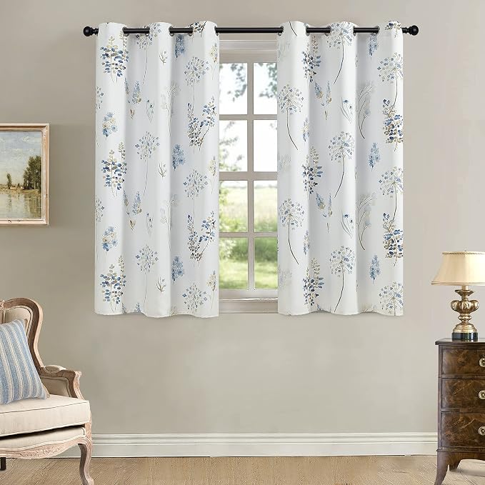 XTMYI Country Rustic Curtains for Kitchen,Retro Vintage Floral Short Bathroom Window Curtain Set,45 Inch Length,Navy Blue and Brown