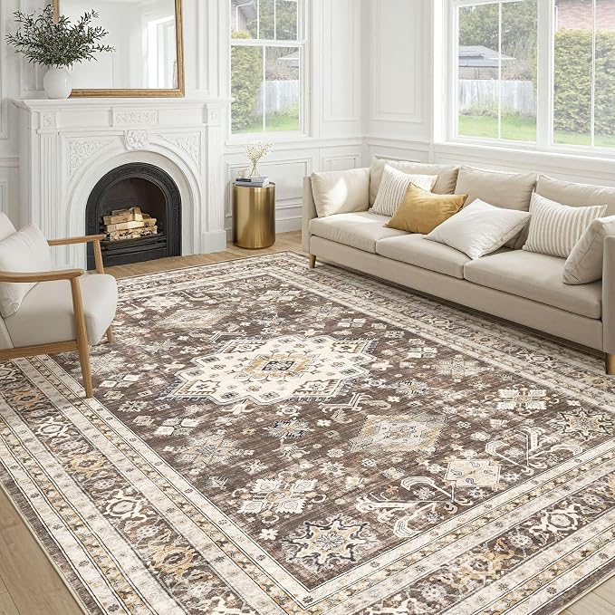 Vintage Living Room Area Rug 9X13 - Large Soft Washable Oriental Traditional Distressed Farmhouse Rugs for Bedroom - Indoor Floor Accent Carpet for Home Office House Decor - Dark Brown