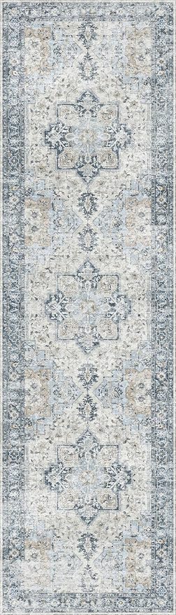 GENIMO Runner Rug 2x12, Non Slip Vintage Hallway Runner Rugs, Low Pile Lightweight Machine Washable Mat for Hallway, Entryway, Bedroom, Kitchen and Corridor, Blue