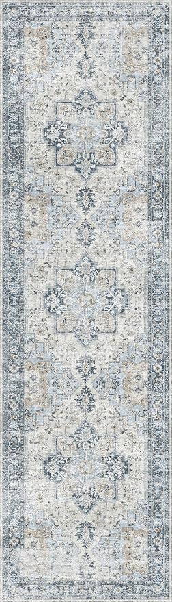 GENIMO Runner Rug 2'6''x8, Non Slip Vintage Hallway Runner Rugs, Low Pile Lightweight Machine Washable Mat for Hallway, Entryway, Bedroom, Kitchen and Corridor, Blue