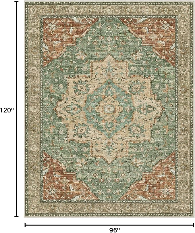 GENIMO 8x10 Area Rugs for Living Room, Machine Washable Non Slip Vintage Rugs, Low Pile Lightweight Chenille Print Rug for Bedroom, Dining Room, Home Office