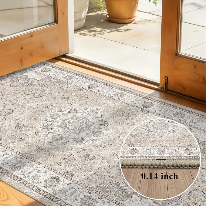 Hallway Washable Runner Rug - 3x6 Kitchen Rugs Entryway Rug Runner Vintage Soft Floor Mat Non Slip Indoor Farmhouse Carpet for Bathroom Living Room Bedroom (3 X 6, Beige)