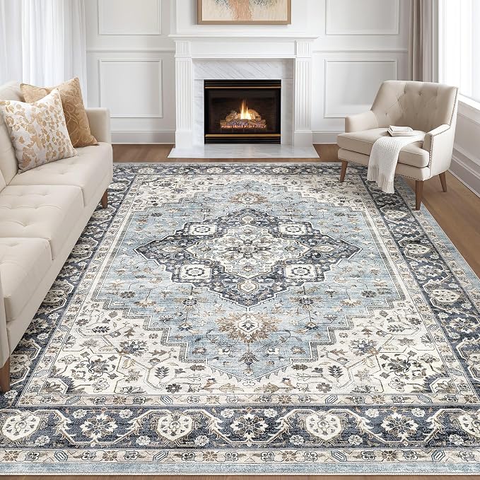 9x12 Area Rug Living Room: Washable Boho Large Neutral Vintage Soft Rugs Stain Resistant Farmhouse Non-Slip Indoor Floor Carpet for Bedroom Nursery Kids Playroom Office Dining Room House- Blue Tan