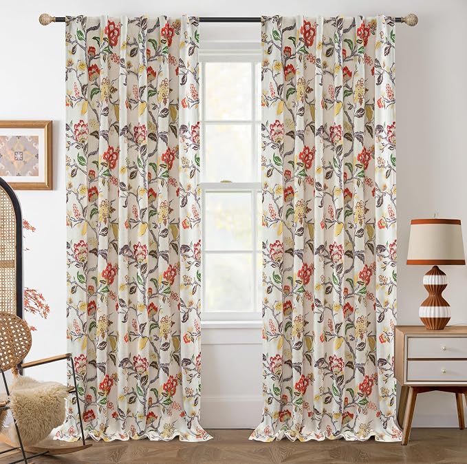 DriftAway Ada Floral Botanical Print Flower Leaf Lined Thermal Insulated Room Darkening Linen Blackout Back Tab Window Curtains 2 Layers Set of 2 Panels Each 52 Inch by 84 Inch Orange Terra Cotta