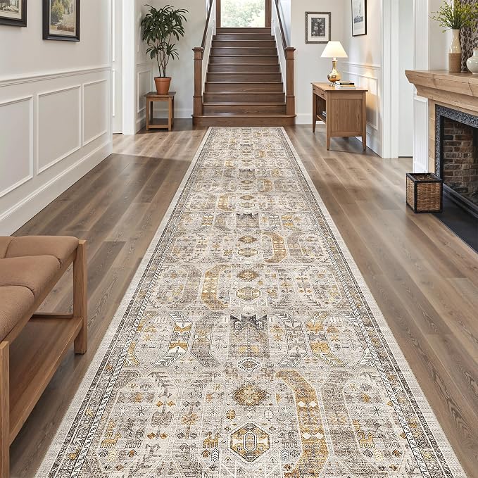 Madane Hallway Runner Rug 3x16 Washable Kitchen Runners Long, Brown/Gold | Vintage Non-Slip Wide Area Rugs 16ft for Entryway, Low-Pile Farmhouse Indoor Floor Carpet for Living Room Bedroom