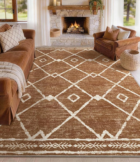 YIHOUSE Western Rugs for Living Room, 8x10 Moroccan Area Rug, Aztec Burnt Orange Large Rug, Southwestern Soft Low-Pile Washable Rugs for Bedroom, Dining Room