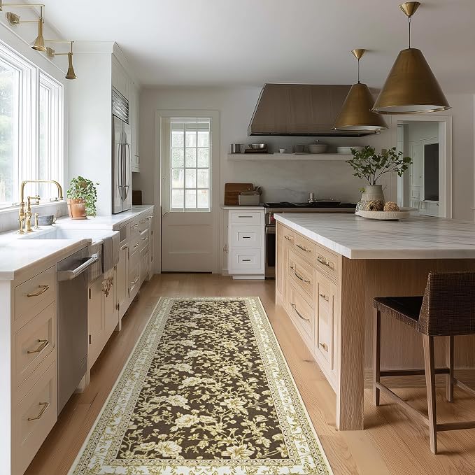 Brown Runner Rugs 2x6 for Hallway Kitchen Bedroom Beside Laundry Room Bathroom Rug Boho Modern Washable Non Slip Low Pile Stain Resistant Soft Long Carpet Mat Brown Cream Beige Floral Pattern