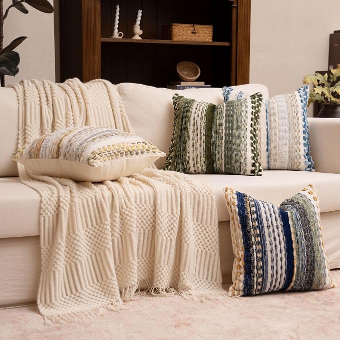 Boho Chenille Tufted Throw Pillow Covers 18x18 Inch Set of 2 Farmhouse Grey Blue Woven Striped Decorative Pillowcases for Couch Sofa Bed