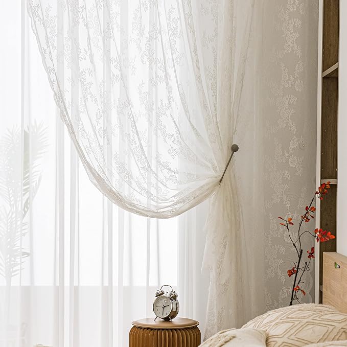 Sutuo Home Lace Curtains 72 Inches Length 2 Panels Set, White Sheer Window Floral Vintage Voile Window Panel Treatment Pair for Bedroom/Living Room/Kitchen, Decor Rod Pocket W57 x L72