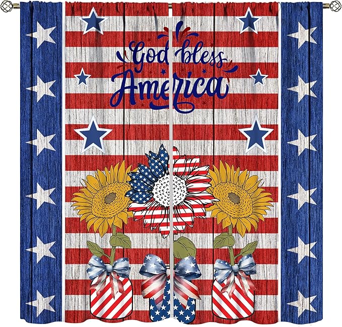 American Flag Curtains,Rustic Retro Wooden Sunflowers Stars Stripe USA Independence Day Decor Drape for Bedroom Living Room Window Treatment 2 Panels Set Total Size 84" W X 84" L Inch
