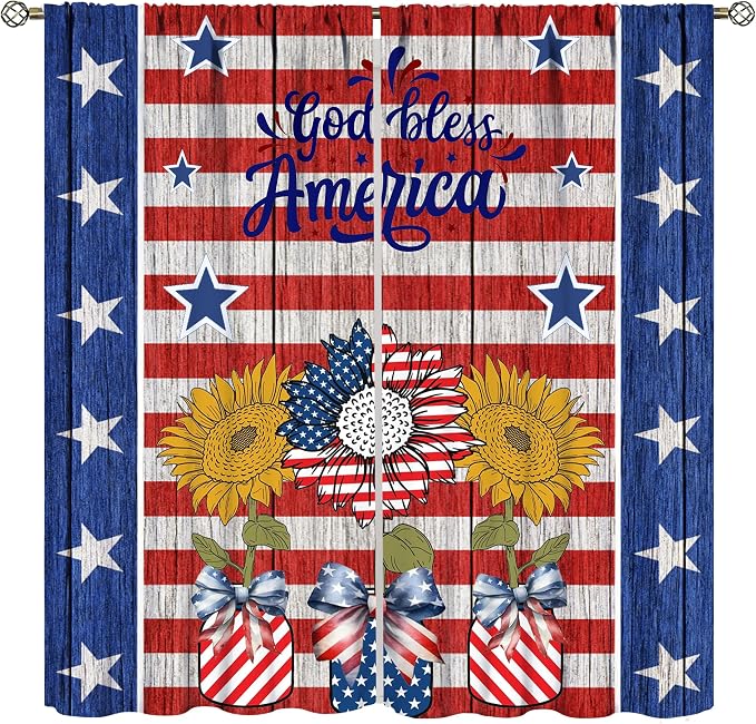 American Flag Curtains,Rustic Retro Wooden Sunflowers Stars Stripe USA Independence Day Decor Drape for Bedroom Living Room Window Treatment 2 Panels Set Total Size 42" W X 45" L Inch