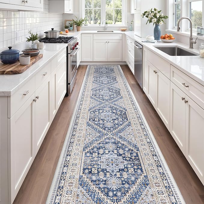 zesthome Washable Runner Rug 2.5x14 - Stain Resistant Entryway Rug,Ultra-Thin Kitchen Rugs, Anti Slip Backing Runner Rugs for Entrance Laundry Room Indoor Hallway (Blue/Beige,2.5'x14')