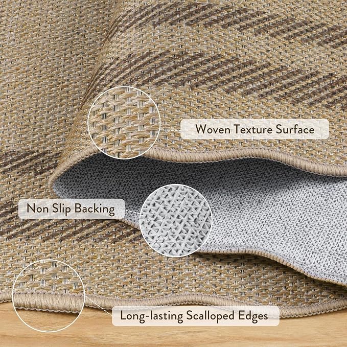LIVEBOX Scalloped Washable 5x7 Rug, Easy Jute Tan Rugs for Living Room, Indoor Geometric Rug for Bedroom, Outdoor Farmhouse Non-Slip Rug Dining Room Mat Modern Carpet Area Rug for Patio Home Office