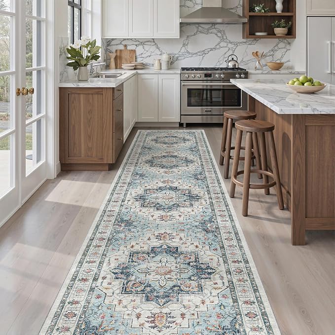 Madane Hallway Runner Rug 2'6''x12' Kitchen Runners Vintage, Blue | Non-Slip Washable Rugs 12ft for Laundry Room, Entryway and Bedroom, Soft Low Pile Stain-Resistant Wide 2.5x12 Ft Floor Carpet