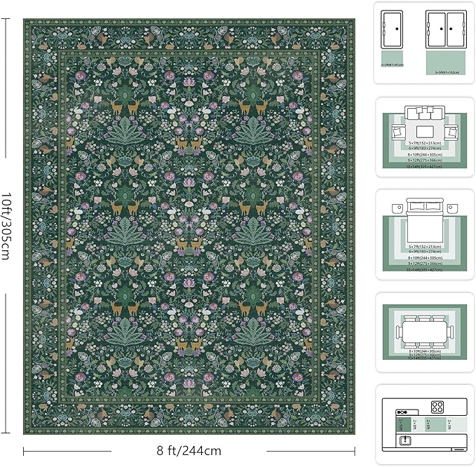 8x10 Area Rugs, Machine Washable Low Pile Floral Rugs for Living Room, Bedroom, Large Boho Area Rug with Non-Slip Backing for Dining Room(Dark Green)