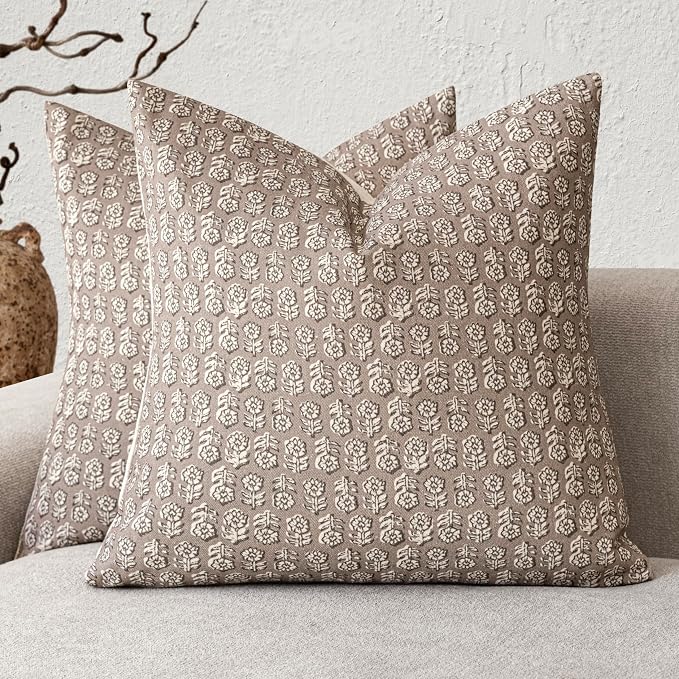 Foindtower Set of 2 Decorative Vintage Floral Print Throw Pillow Covers Neutral Modern Farmhouse Cushion Covers Boho Home Decor for Sofa Couch Chair Bedroom Living Room,24×24 Inch,Tan Taupe
