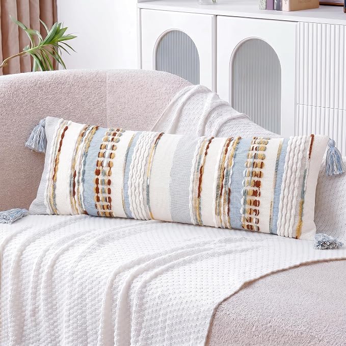 NUYECY Chenille and Cotton Long Pillow for Bed,Striped Textured Boho Long Lumbar Throw Pillow Cover 12x36,Neutral Accent Decorative Body Pillow Case for Couch Sofa Bedroom,Light Blue Earth Tones