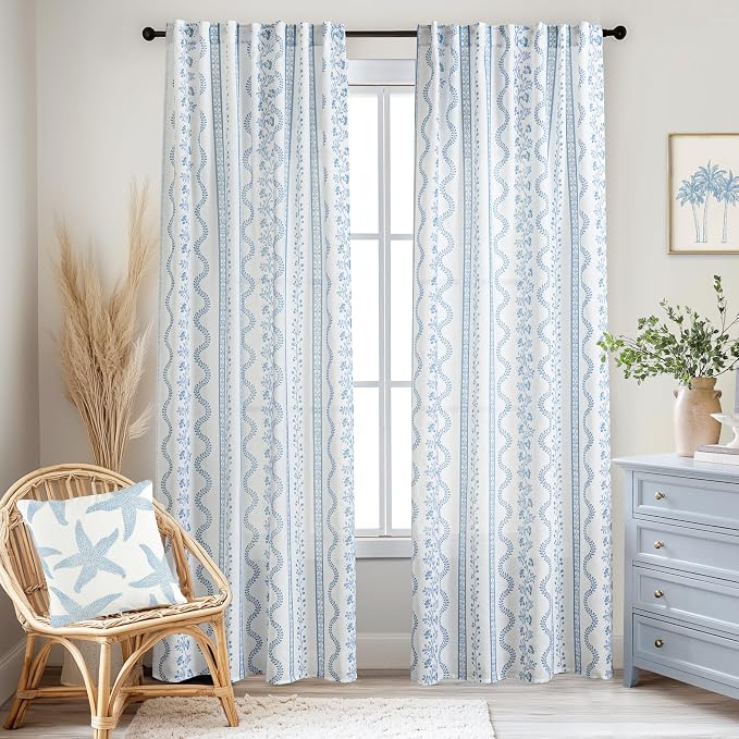 Coastal Curtains for Living Room Bedroom,Light Blue and White Floral Striped Farmhouse Linen Printed Sheer Patterned Beachy Summer Curtains for Beach Room Decor,50 x 84 Inch Length 2 Panels Set