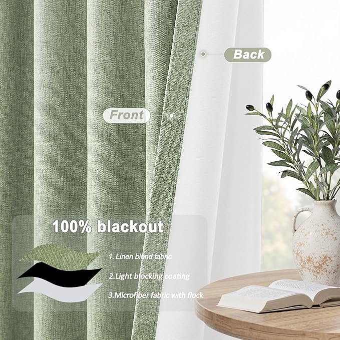 UHITECH Linen Blackout Curtains for Bedroom 63 Inches Long 2 Panels Set Curtain Linen 100% Blackout for Living Room Darkening Drapes Thermal (Sage Green, 52W x 63L)