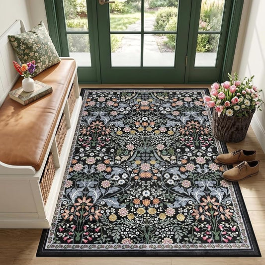 Area Rug Living Room Rugs: Floral 3x5 Washable Rug Vintage Soft Boho Non-Slip Carpet Indoor Floor Stain Resistant Large Carpets for Bedroom Dining Room Farmhouse Nursery Hallway Dark Black