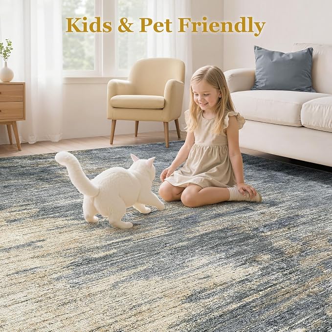 9x12 Area Rugs for Living Room - Washable Living Room Rug 9x12, Large Abstract Modern Neutral Soft Carpet with Non-Slip Backing, Stain Resistant for Bedroom Dining Indoor Decor (Blue Gold)