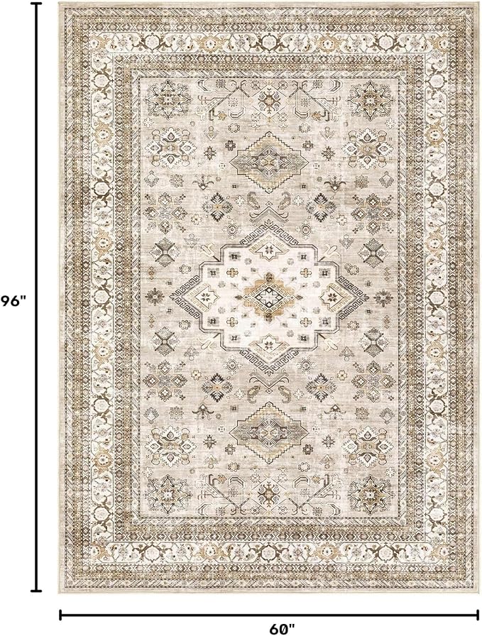 Vintage Living Room Area Rug 5x8 - Large Soft Washable Oriental Traditional Distressed Farmhouse Rugs for Bedroom - Indoor Floor Accent Carpet for Home Office House Decor - Beige