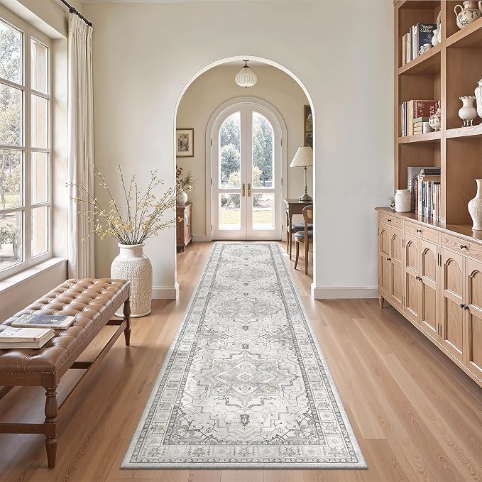 Madane Washable Runner Rugs 2x10 Long for Hallway Kitchen, Grey | Non-Slip Low-Pile 10ft Rug Runners Soft, Stain-Resistant Floor Carpet Mat for Entrance, Living Dining Laundry Room, Stair
